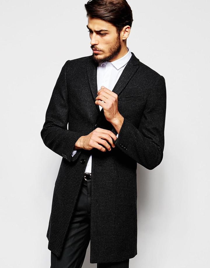 Noak Wool Houndstooth Overcoat In Skinny Fit - Charcoal