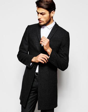 Noak Wool Houndstooth Overcoat In Skinny Fit - Charcoal