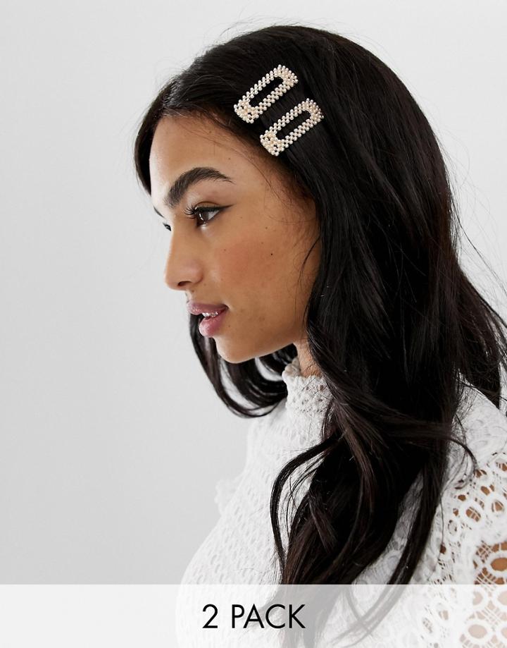 Asos Design Pack Of 2 Hair Clips In Square Shape In Pearl - Cream