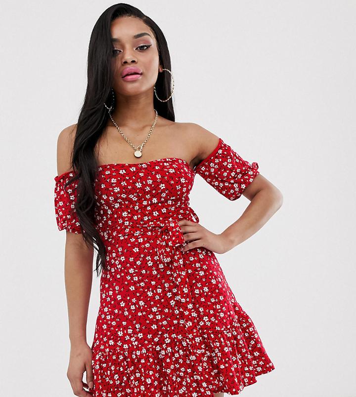 Prettylittlething Petite Exclusive Bardot Dress In Red Floral - Red