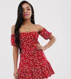 Prettylittlething Petite Exclusive Bardot Dress In Red Floral - Red