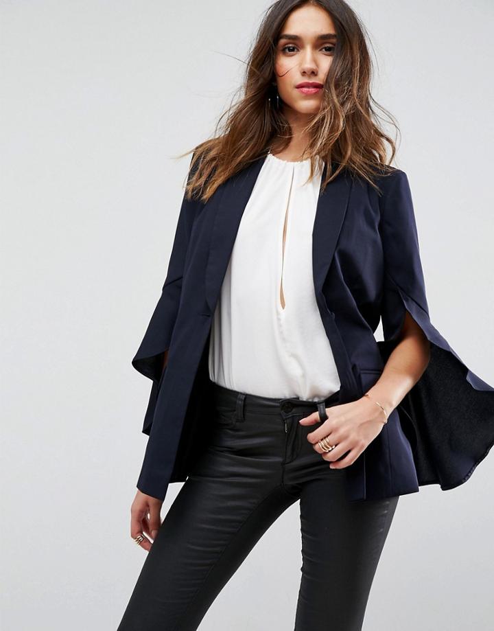 Asos Tailored Blazer With Soft Fluted Sleeve - Navy