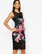 Lipsy Floral Print Pencil Dress With Lace Inserts - Multi