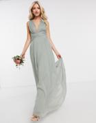 Asos Design Bridesmaid Ruched Bodice Drape Maxi Dress With Wrap Waist In Olive-green