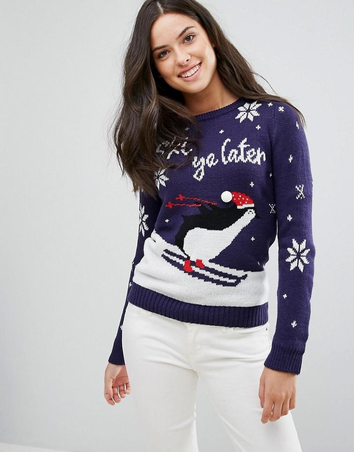 Brave Soul Ski Ya Later Holidays Sweater - Navy