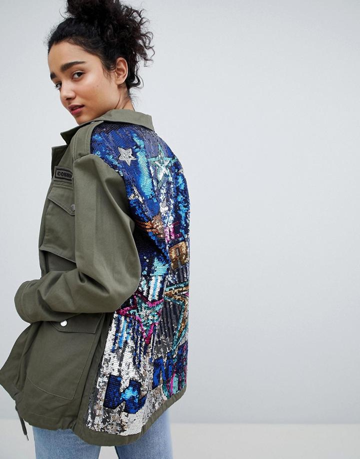 Bershka Sequined Cargo Jacket In Khaki - Green