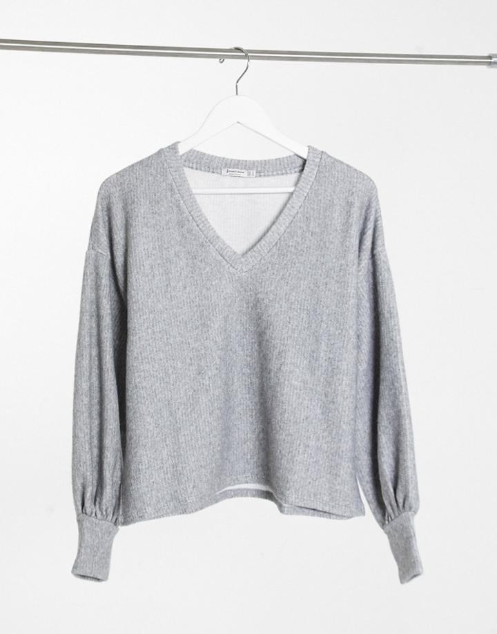 Stradivarius Super Soft V Neck Top In Gray-grey