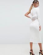 Asos Design One Shoulder Fringe Back Midi Dress - White