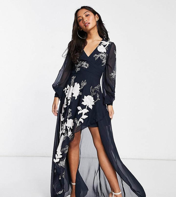 Asos Design Petite Wrap Maxi Dress With Satin Applique Floral In Navy-multi