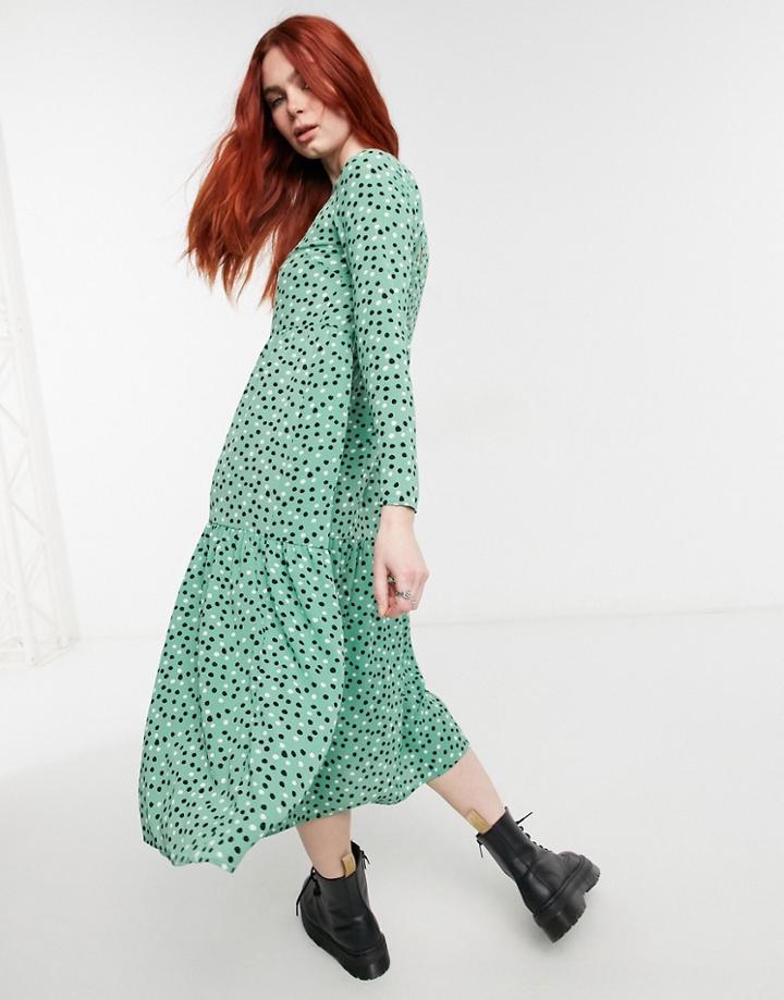 Asos Design Long Sleeve Tiered Smock Midi Dress In Green Based Spot-multi