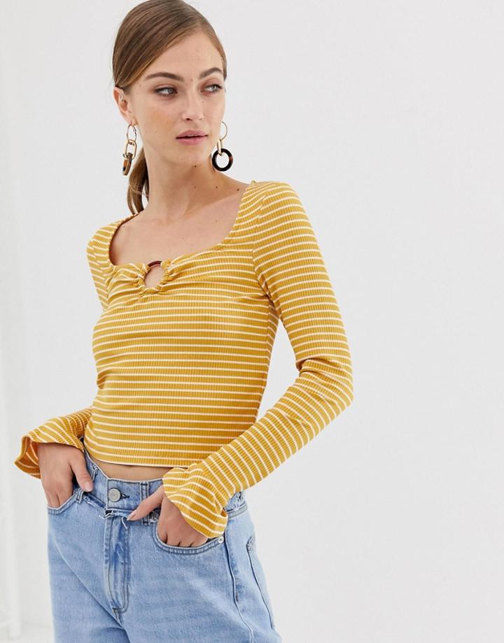 Asos Design Top In Stripe Rib With Ruffle Sleeve And Horn Ring Detail-multi