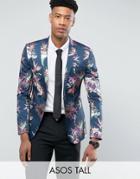 Asos Tall Super Skinny Suit Jacket In Navy Tropical Floral Print In Sateen - Navy