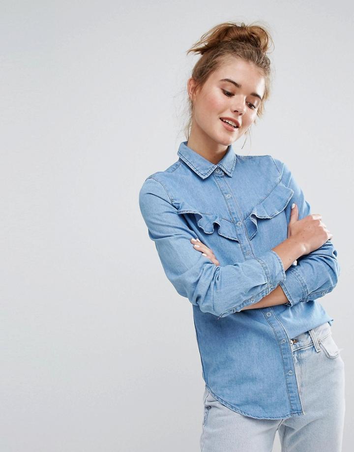 Pull & Bear Frill Front Denim Shirt - Blue