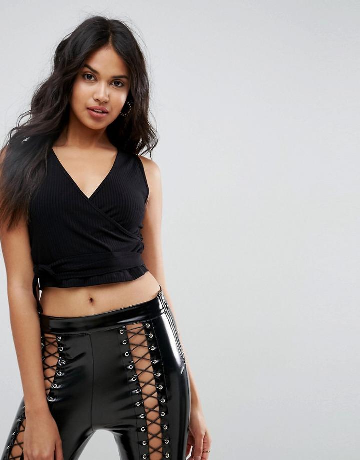 Asos Top With Tie Detail And Low Wrap Front - Black