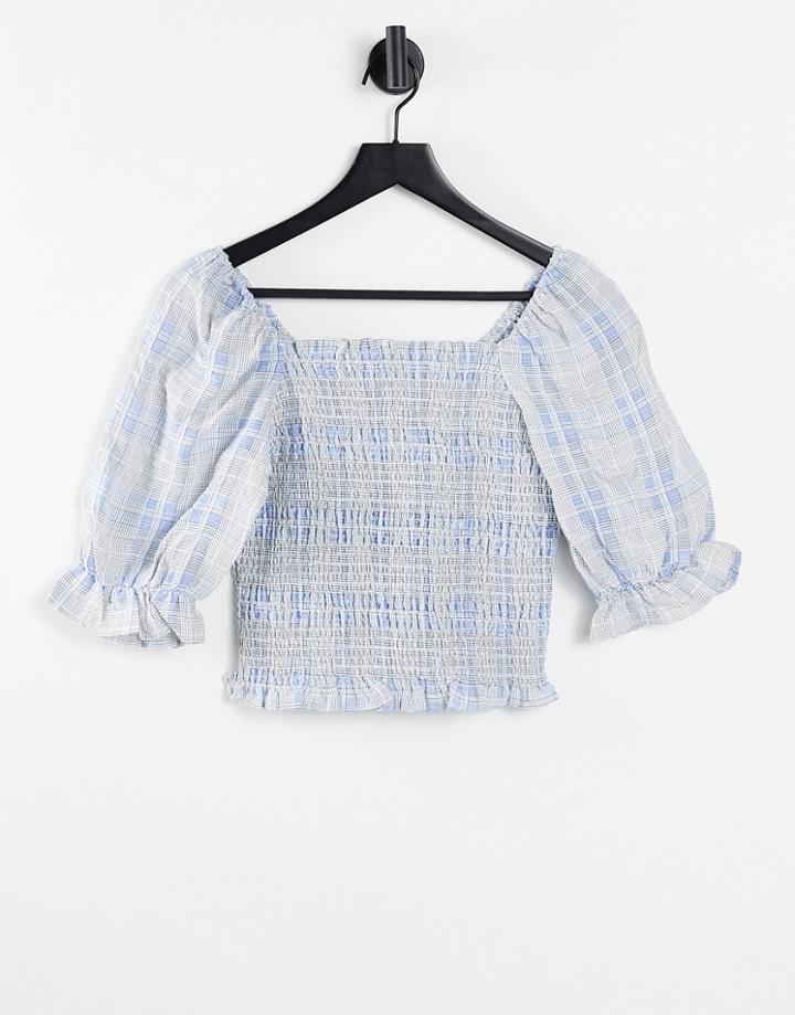 Pieces Shirred Cropped Blouse With Puff Sleeves In Blue Check-blues