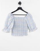 Pieces Shirred Cropped Blouse With Puff Sleeves In Blue Check-blues