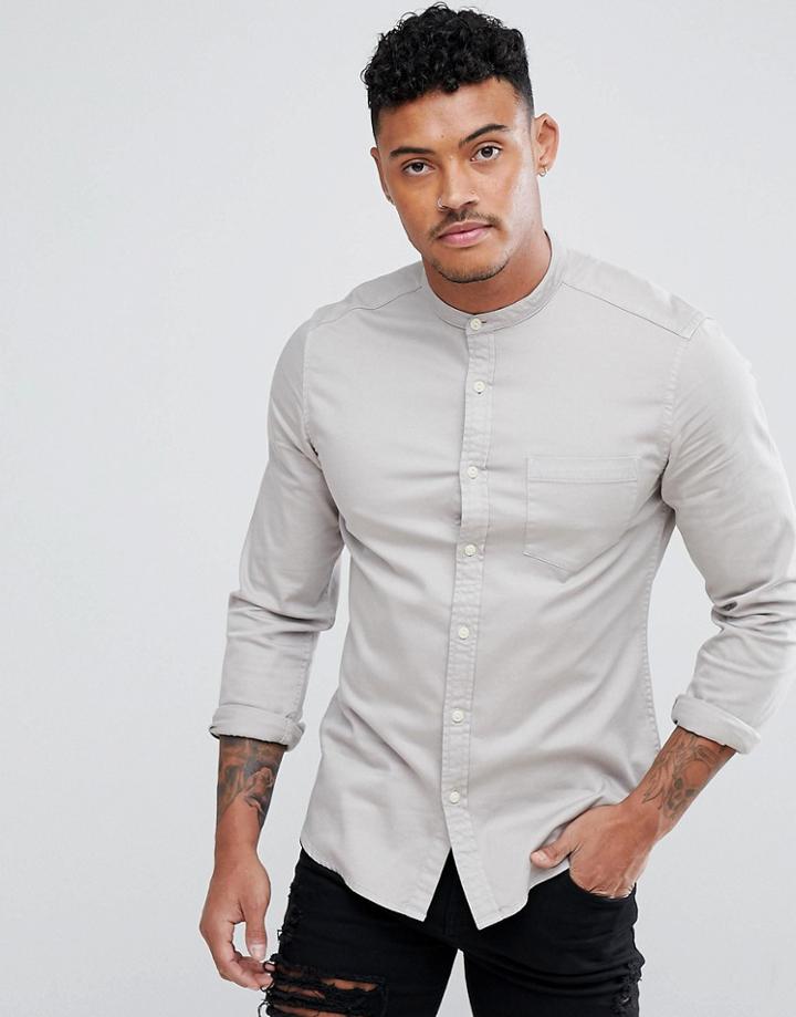 Asos Design Stretch Slim Denim Western Shirt With Grandad Collar In Gray - Gray