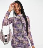 Noisy May Exclusive Mesh Open Back Body-conscious Mini Dress In Purple Marble Print-multi