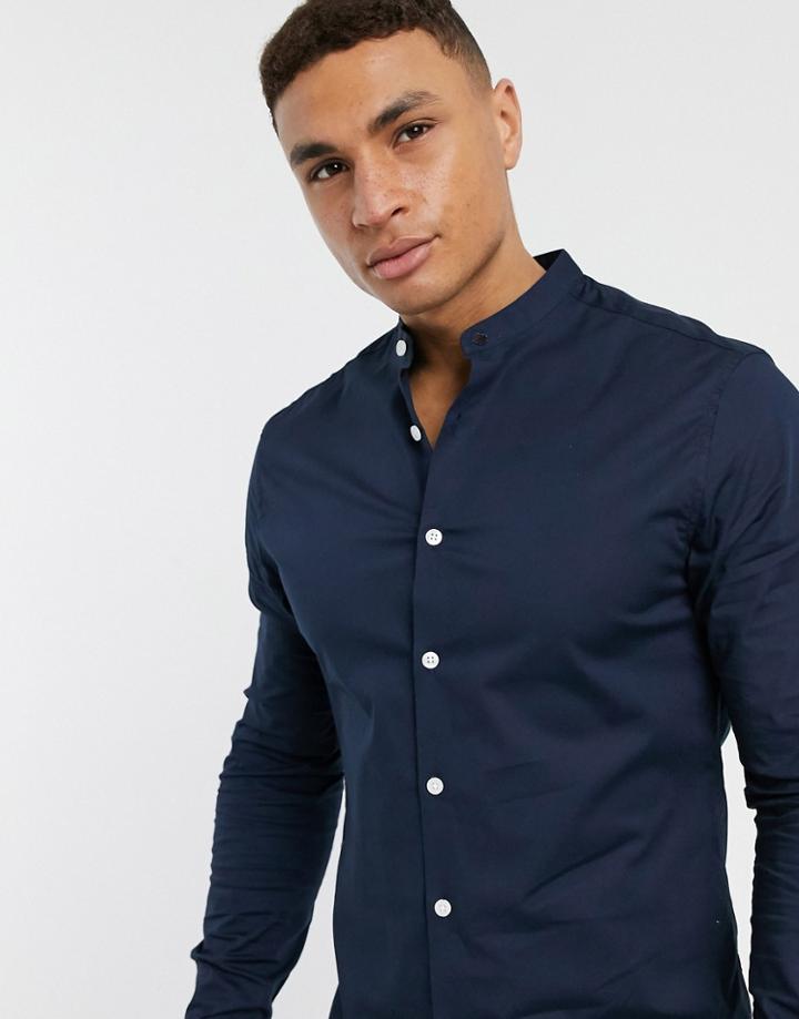 Asos Design Skinny Fit Shirt With Grandad Collar In Navy