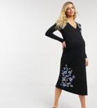 Asos Design Maternity Wrap Long Sleeve Midi Dress In Black With Blue Floral Embroidery