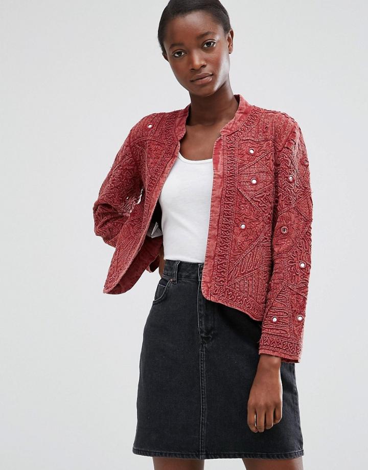 Mango Textured Cotton Blend Jacket With Embossed Detail - Red