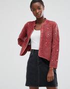 Mango Textured Cotton Blend Jacket With Embossed Detail - Red