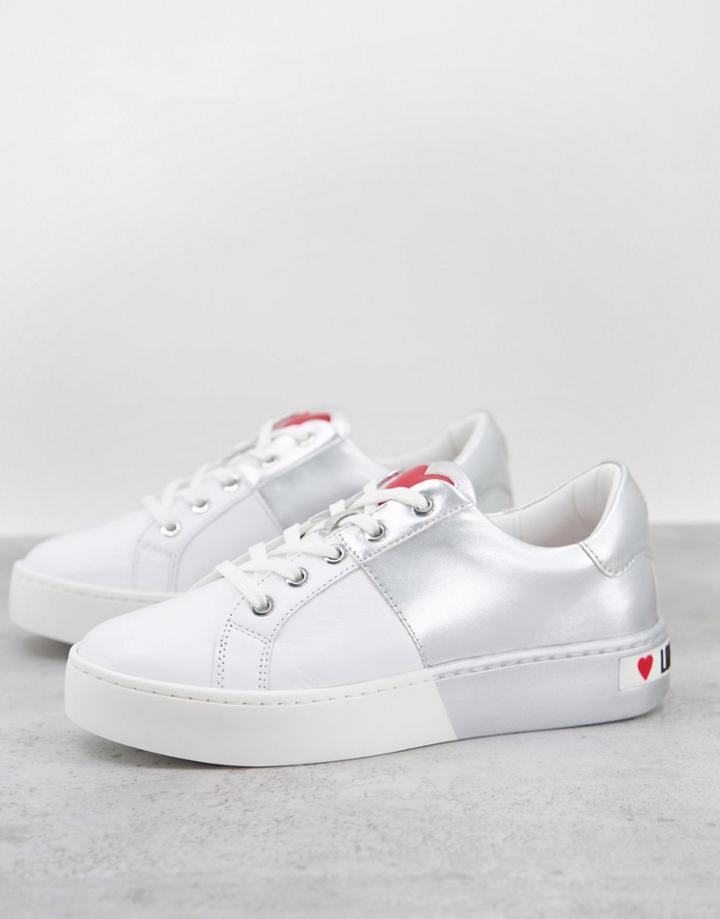 Love Moschino Flatform Sneakers In White And Silver