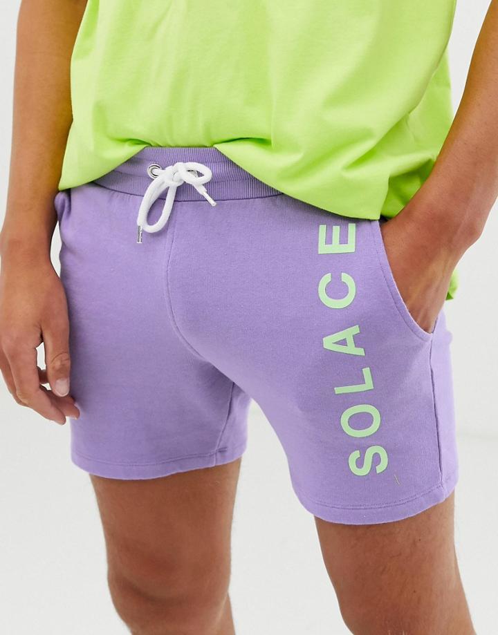 Asos Design Skinny Shorts In Lilac With Solace Leg Print-purple
