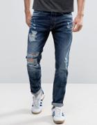 Jack & Jones Intelligence Jeans In Tapered Fit Heavy Ripped Jeans - Bl