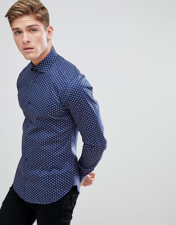 Moss London Extra Slim Smart Shirt In Navy Polka Dot Print - Navy