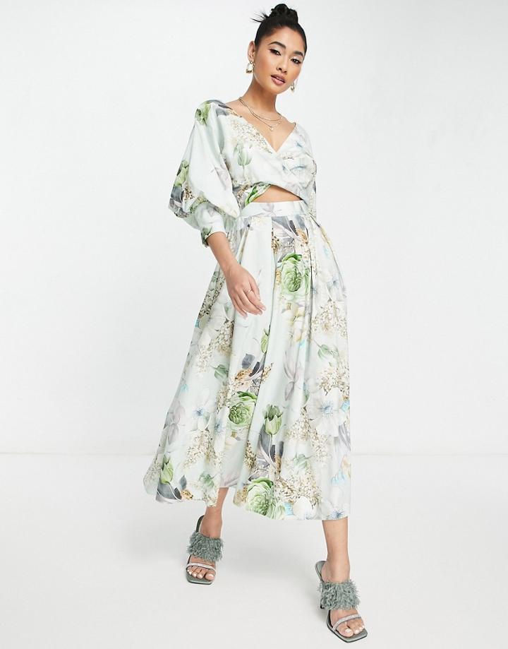 Asos Edition Wrap Bodice Midi Dress With Full Skirt In Floral Bloom Print-multi