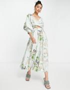 Asos Edition Wrap Bodice Midi Dress With Full Skirt In Floral Bloom Print-multi