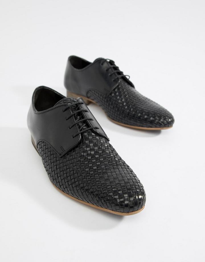 Asos Design Lace Up Shoes In Black Leather With Woven Detail - Black