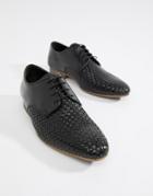 Asos Design Lace Up Shoes In Black Leather With Woven Detail - Black