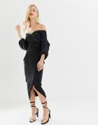 Asos Design Bardot Double Belted Balloon Sleeve Midi Dress - Black