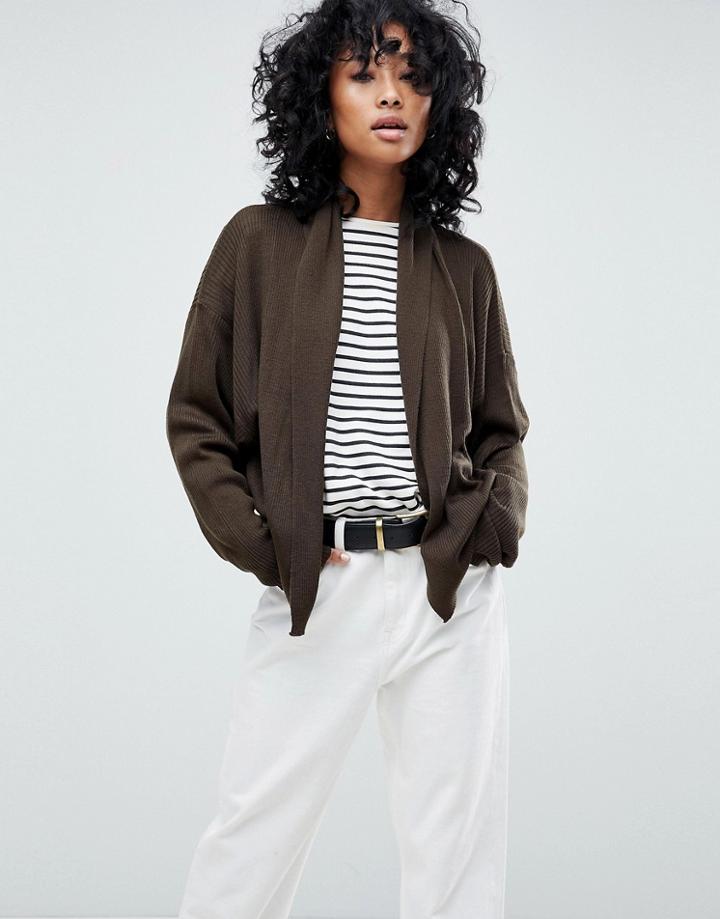 Asos Knitted Cardigan In Rib With Shawl Collar - Green