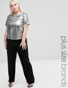 Club L Plus Straight Leg Jumpsuit With Sequin Top - Silver
