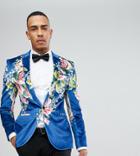 Asos Tall Super Skinny Suit Jacket In Velvet With Teal Floral Print - Blue