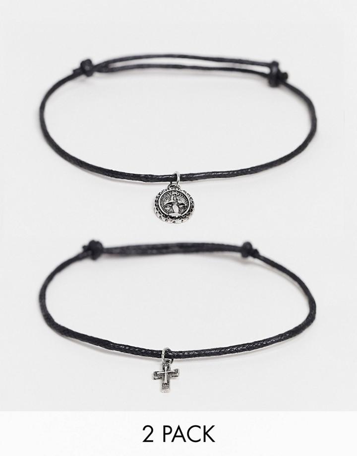 Asos Design 2 Pack Skinny Cord Bracelet With Pendants In Black