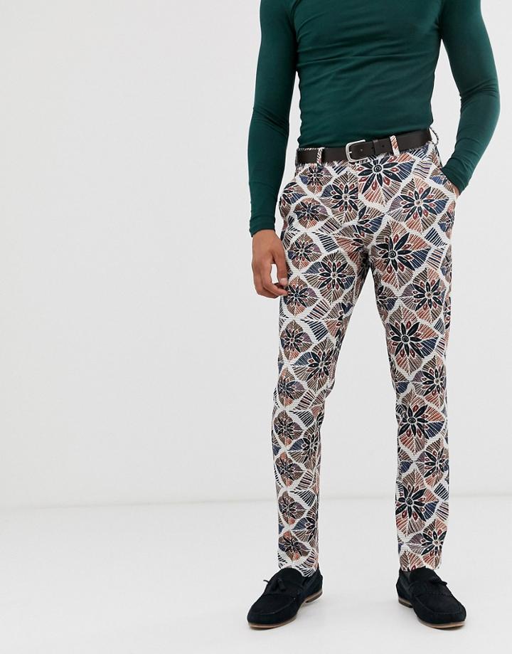Asos Design Skinny Smart Pants In Floral Seersucker-white