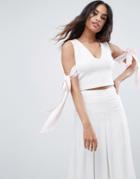 Asos Top In Scuba With Plunge Neck And Bow Detail - Pink