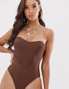 Asos Design Bandage Strapless Swimsuit In Brown