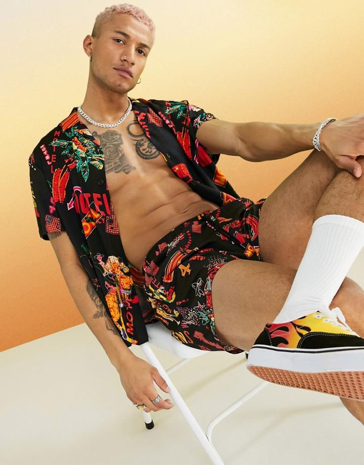 Asos Design Set Regular Revere Vegas Print Shirt In Black