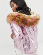Amy Lynn Metallic Faux Fur Trim Parka-pink
