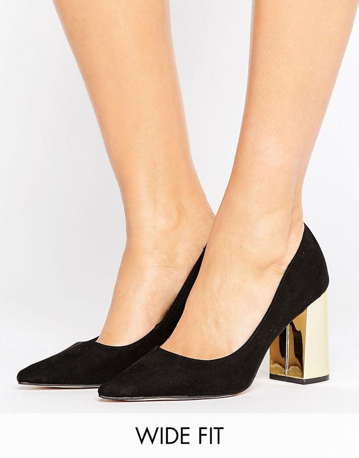 New Look Suedette Wide Fit Shoe With Gold Block Heel - Black