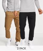 Asos Design 2 Pack Skinny Chinos With Elasticized Waist In Brown And Black-multi