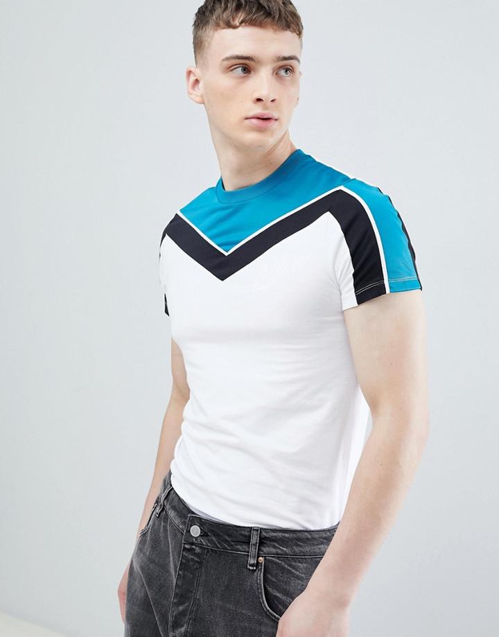 Asos Design Muscle T-shirt With Chevron Polytricot In White - White