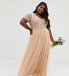 Maya Plus Bridesmaid V Neck Maxi Dress With Delicate Sequin In Soft Peach - Pink