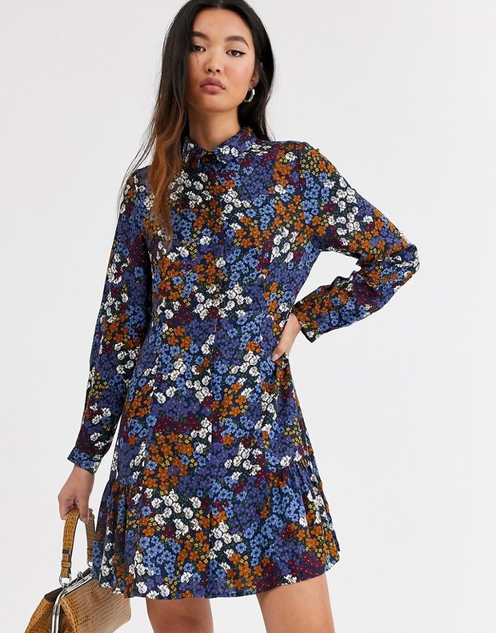 Monki Flower Print Mini Shirt Dress With Long Sleeve In Blue