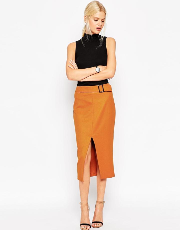 Asos Pencil Skirt With Buckle Detail - Tobacco